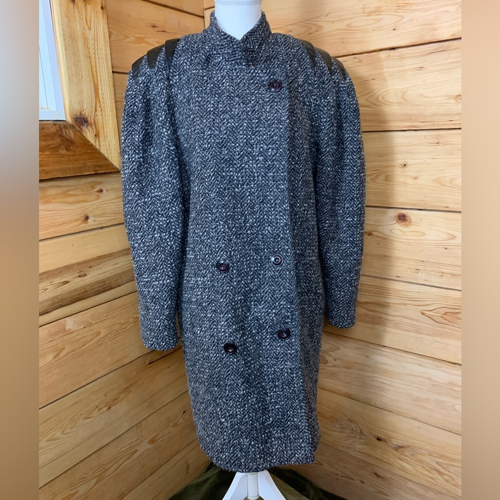 Vintage 80’s Black White‎ Wool Long Coat Trench Women’s Size 7/8 Military Rare